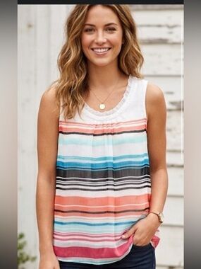 Elle Striped Scoop Neck Tank in Coral, Teal, Black & White Size Small